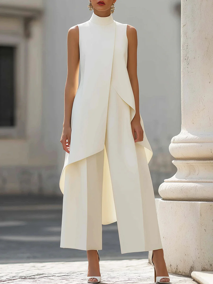 Women'S Formal Wear Suit - Damesmode, effenkleurig tweedelig mouwloos asymmetrisch topje