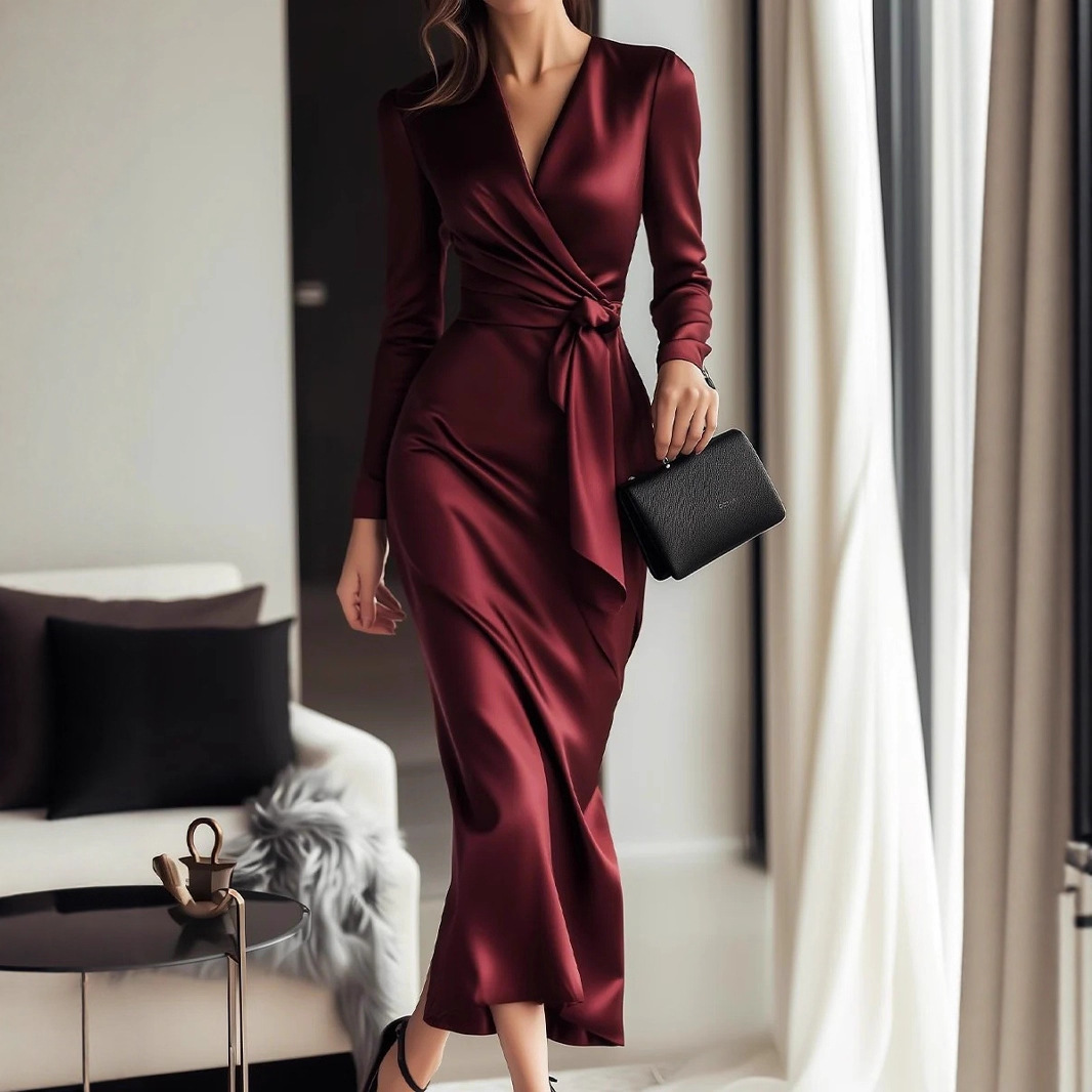 Herfst nieuwe satijnen jurk me - Women Formal Wear Trends recensie en prijs