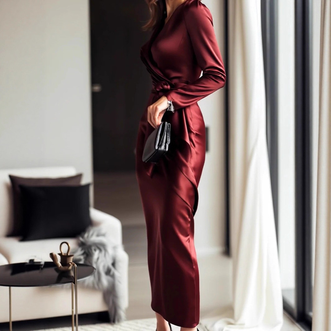 Herfst nieuwe satijnen jurk me - Women Formal Wear Trends recensie en prijs